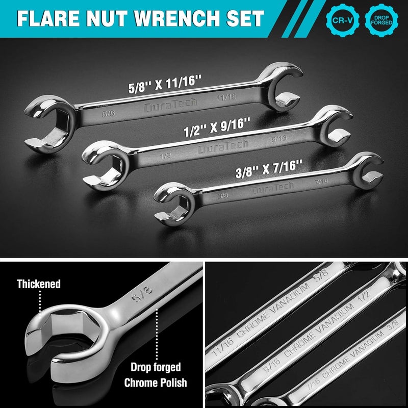 DURATECH طقم مفاتيح صمولة مشطوفة، SAE، 3 قطع، 3/8''، 7/16''، 1/2''، 9/16''، 5/8''، 11/16''، فولاذ CR-V، مع حقيبة تنظيم - Image 2